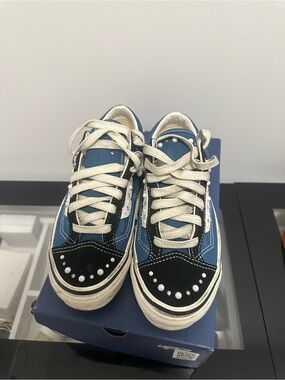 Vans Blue and Black Kids Sneakers with Pearl Stud Accents